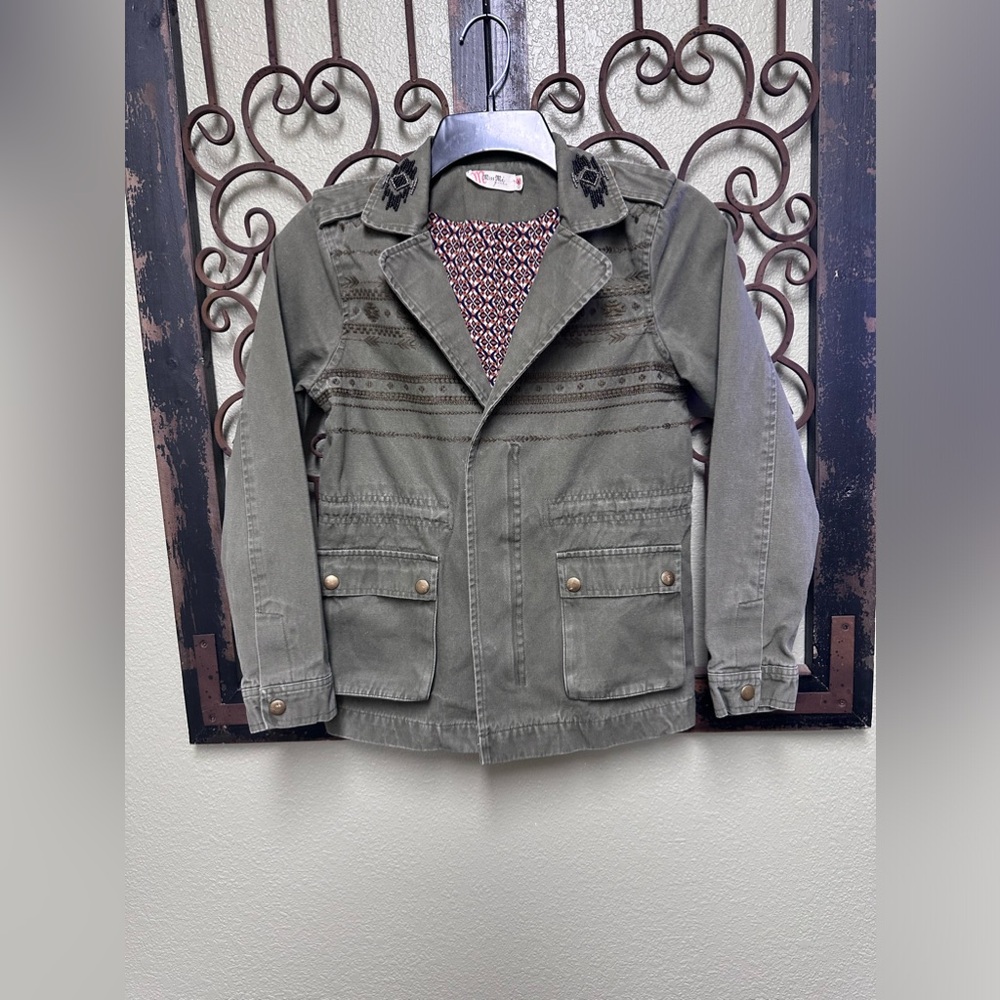 Girls Miss Me army green embroidered beaded collar jacket